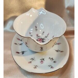 Vintage Harmony House Fine China, Japan, "Rosebud"  Gravy Boat Attached Tray